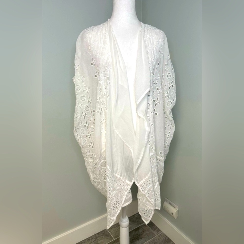 J. Crew Eyelet  Boho Cotton Beach Poncho White Sheer Open Front Swim Cover OS